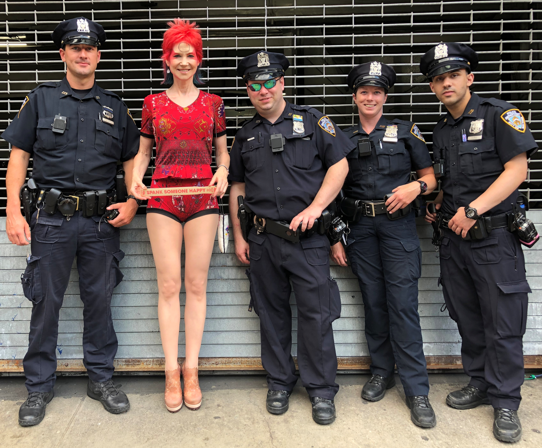 Karen Yvonne Rempel New York fashion model Karen's Quirky Style in police line-up during World Pride parade 2019 in the West Village, NYC