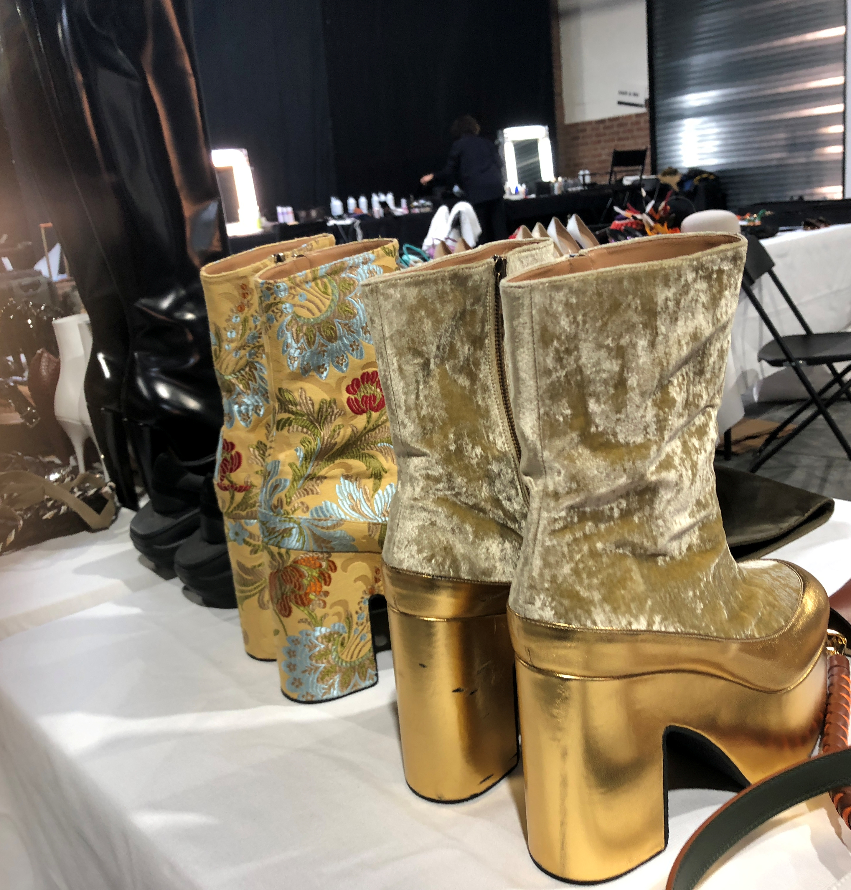 Karen's Quirky Style - West Village Model Karen Rempel - Gold platform boots and makeup area at Vogue shoot