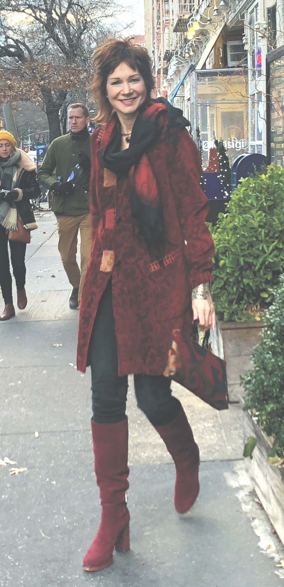 Karen's Quirky Style - West Village Model Karen Rempel in ruby velvet coat and boots