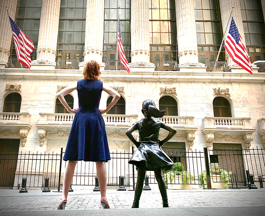 West Village Model Karen Rempel and Fearless Girl Confront the New York Stock Exchange