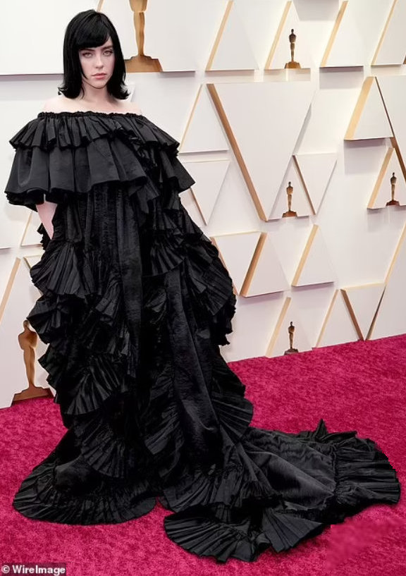 Billie Eilish in Alessandro Michele's tiered, ruffled, off-the-shoulder gown