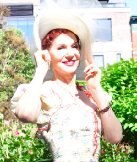 New York model Karen Rempel with pin curls and garden hat.