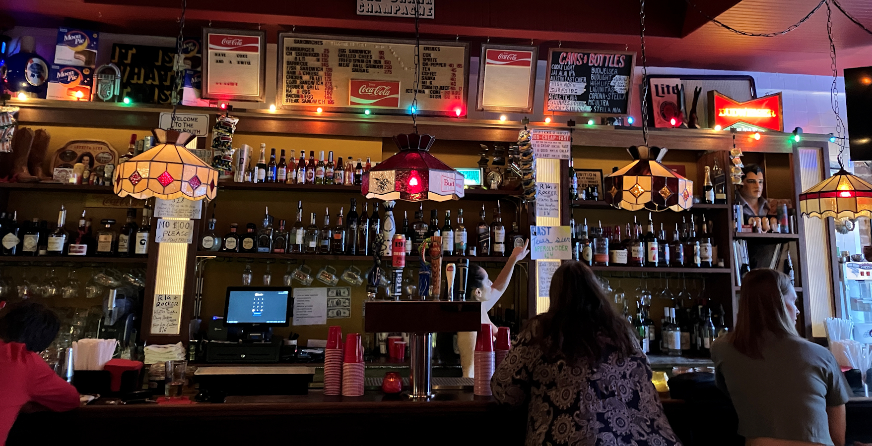 Christmas lights and drink specials at Lucinda's juke joint and honky tonk