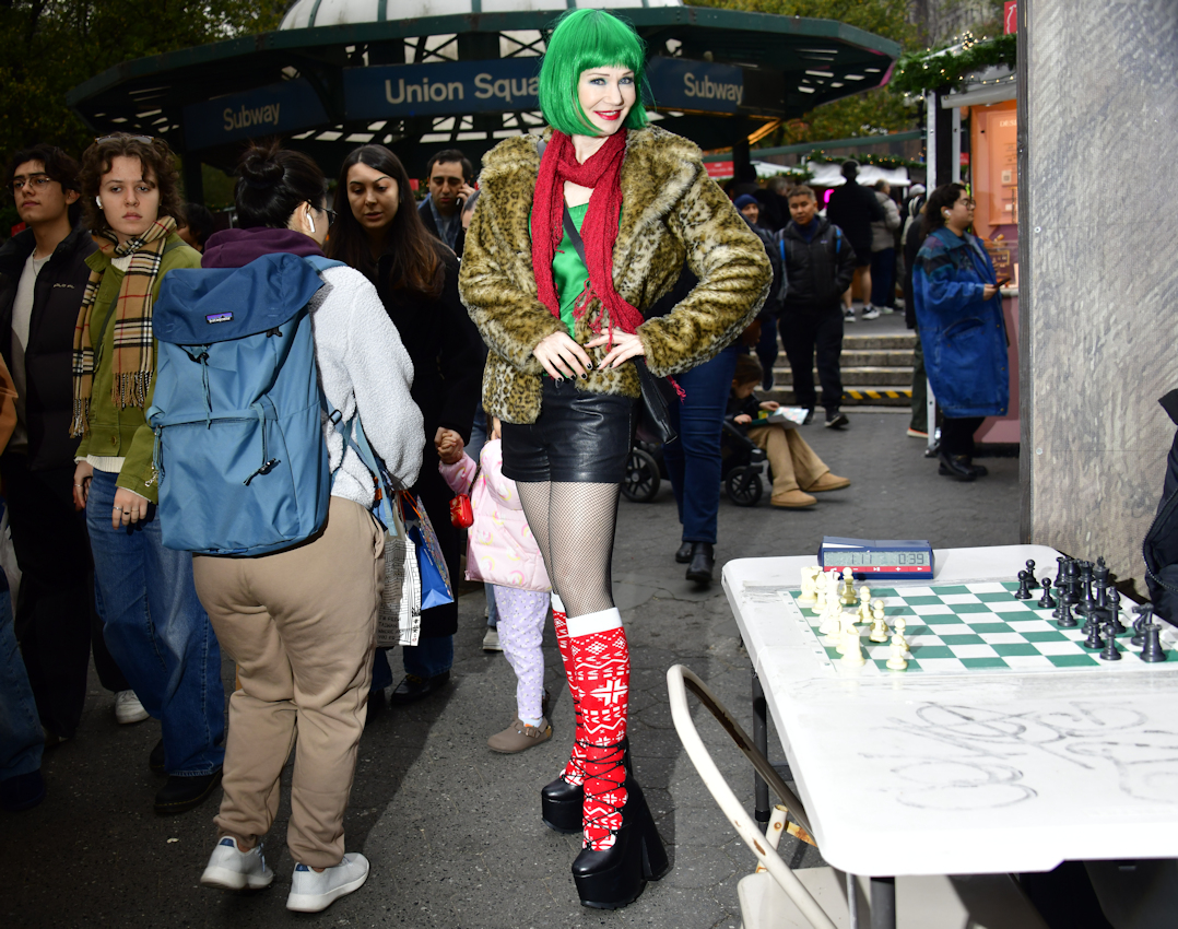 Christmas be-decked Karen Rempel at Union Square.