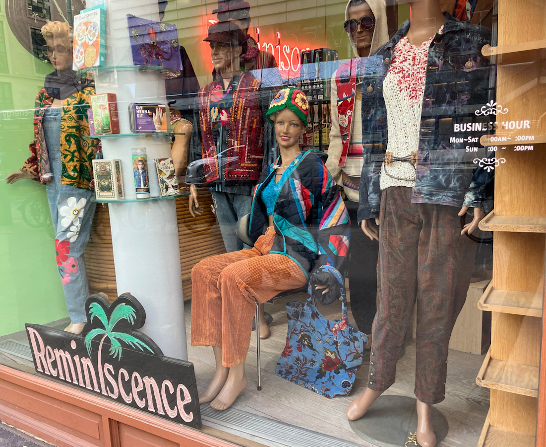 Reminiscence window display designed by Rodney Rufo of mannequins wearing 70s clothing