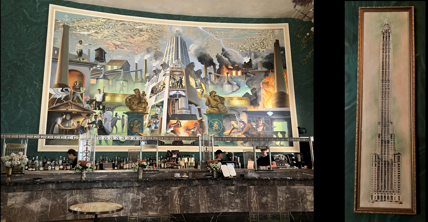 Mural behind the historic teller wickets in Conwell Hall