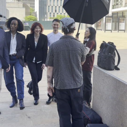 Karen Rempel, Evelyn Maria Dia, and Jefferson at a photoshoot at Lincoln Center