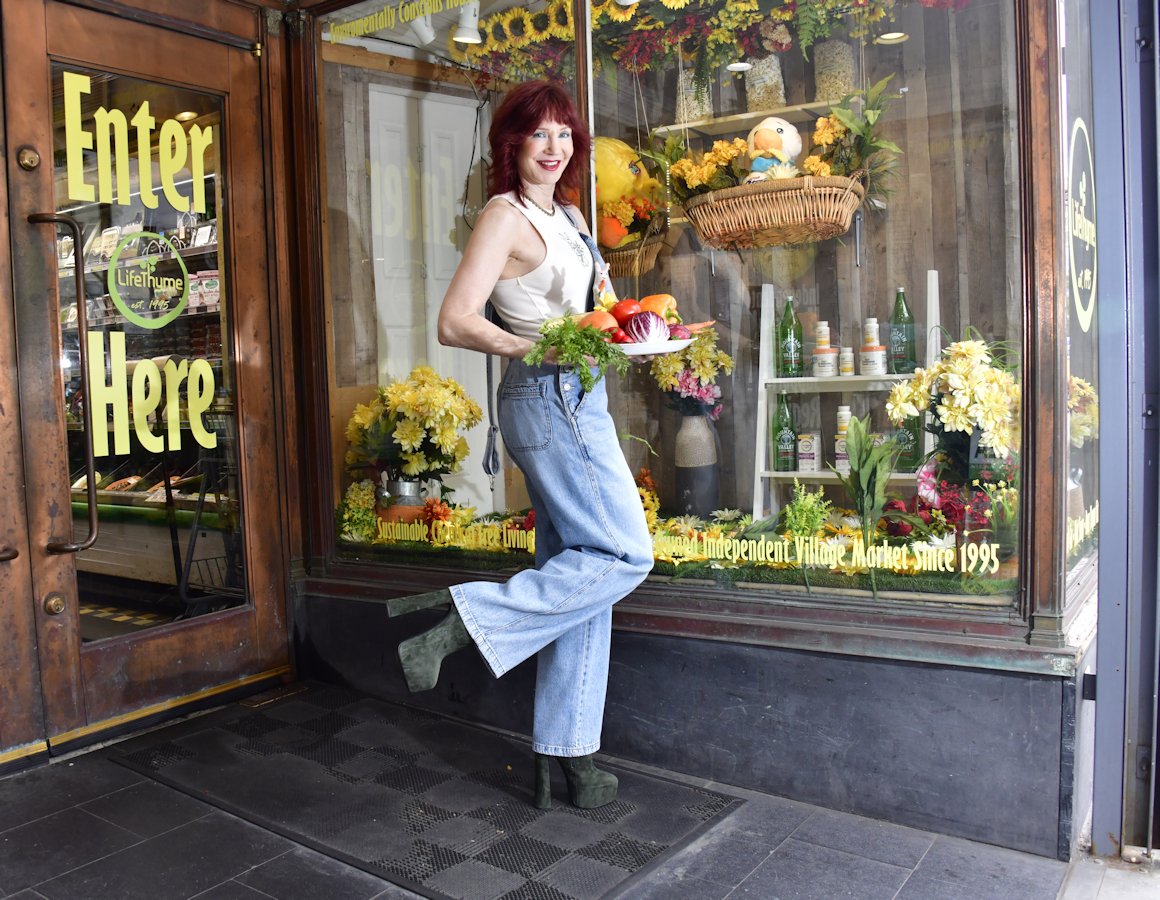 Manhattan model Karen Rempel in front of LifeThyme Natural Foods grocery store on Sixth Avenue in Greenwich Village